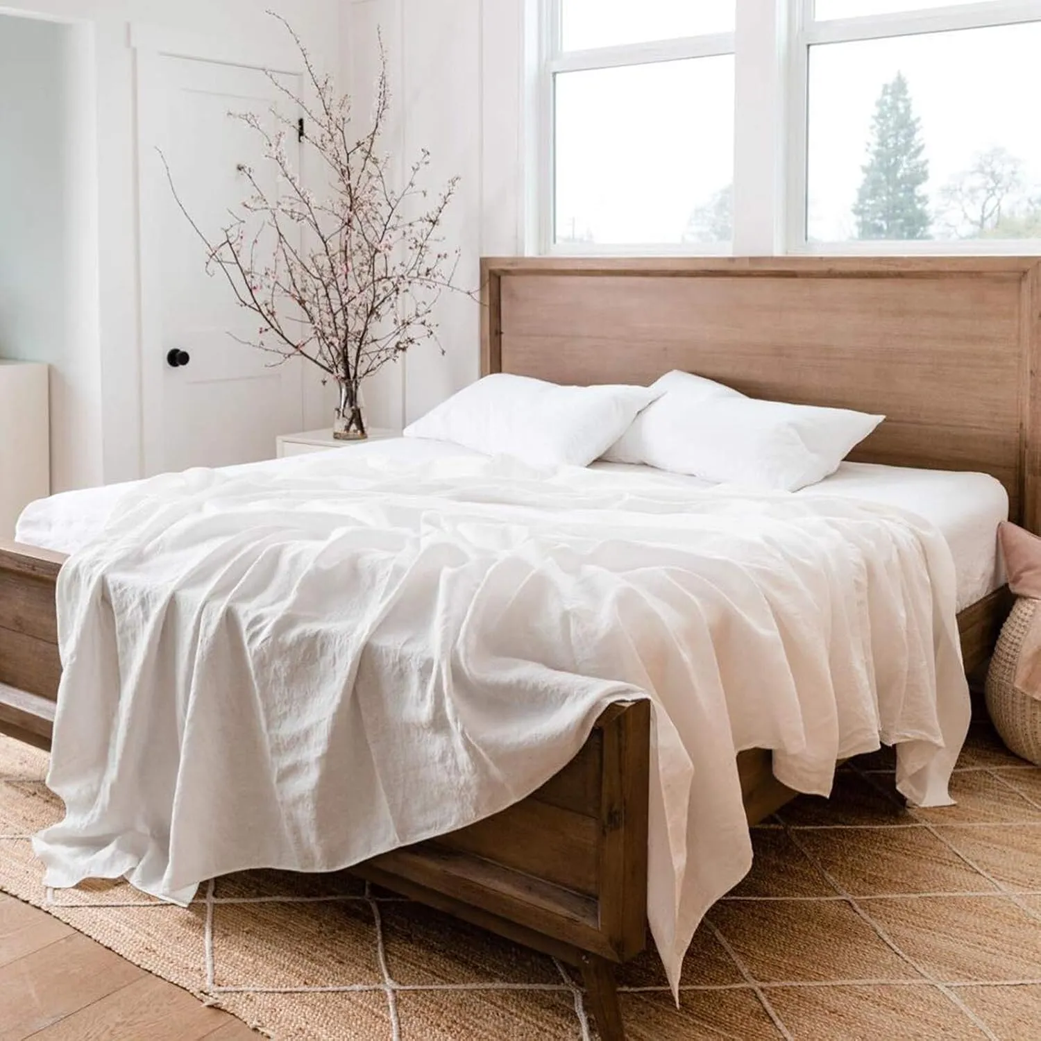 BISELINA Linen Sheet French Flax Flat Sheet Only 55% Euro Linen 45% Cotton Basic Style Solid Color Soft Breathable Farmhouse Top Sheet 1-Piece (King, White)