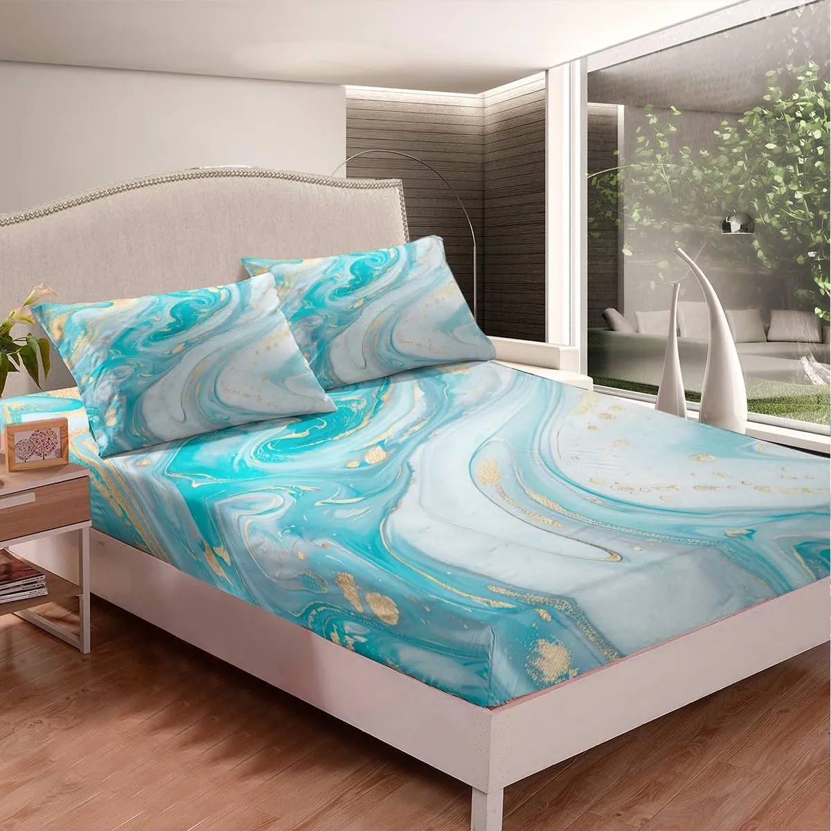 Blue Marble Sheet Sets Girls Boys Abstract Art Theme Bed Sheet Set Golden Stripe Printed Teal Flat Sheet for Adult Women Kids Marble Stone Fitted Sheet 4 Pieces Soft Microfiber Bedding King Size
