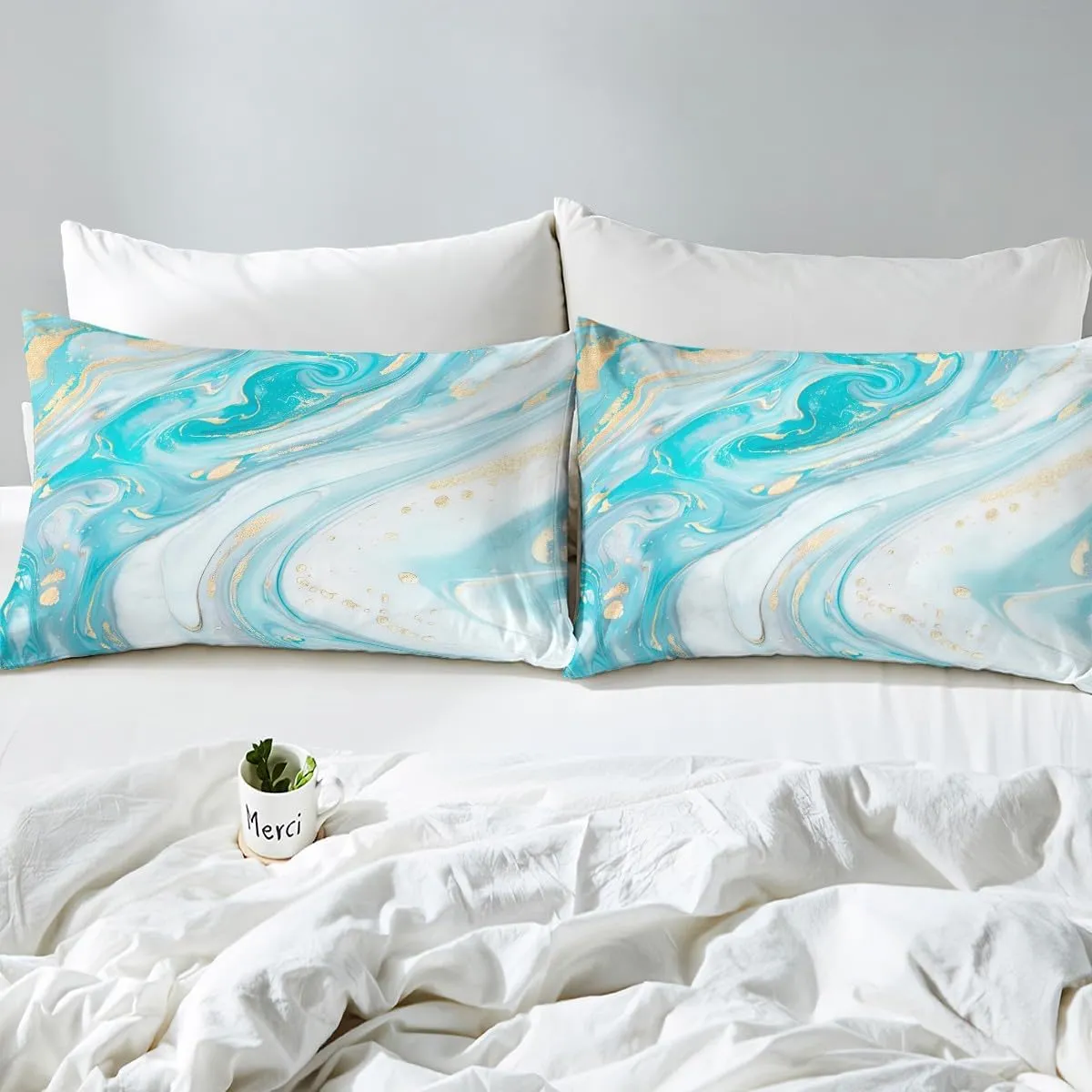 Blue Marble Sheet Sets Girls Boys Abstract Art Theme Bed Sheet Set Golden Stripe Printed Teal Flat Sheet for Adult Women Kids Marble Stone Fitted Sheet 4 Pieces Soft Microfiber Bedding King Size