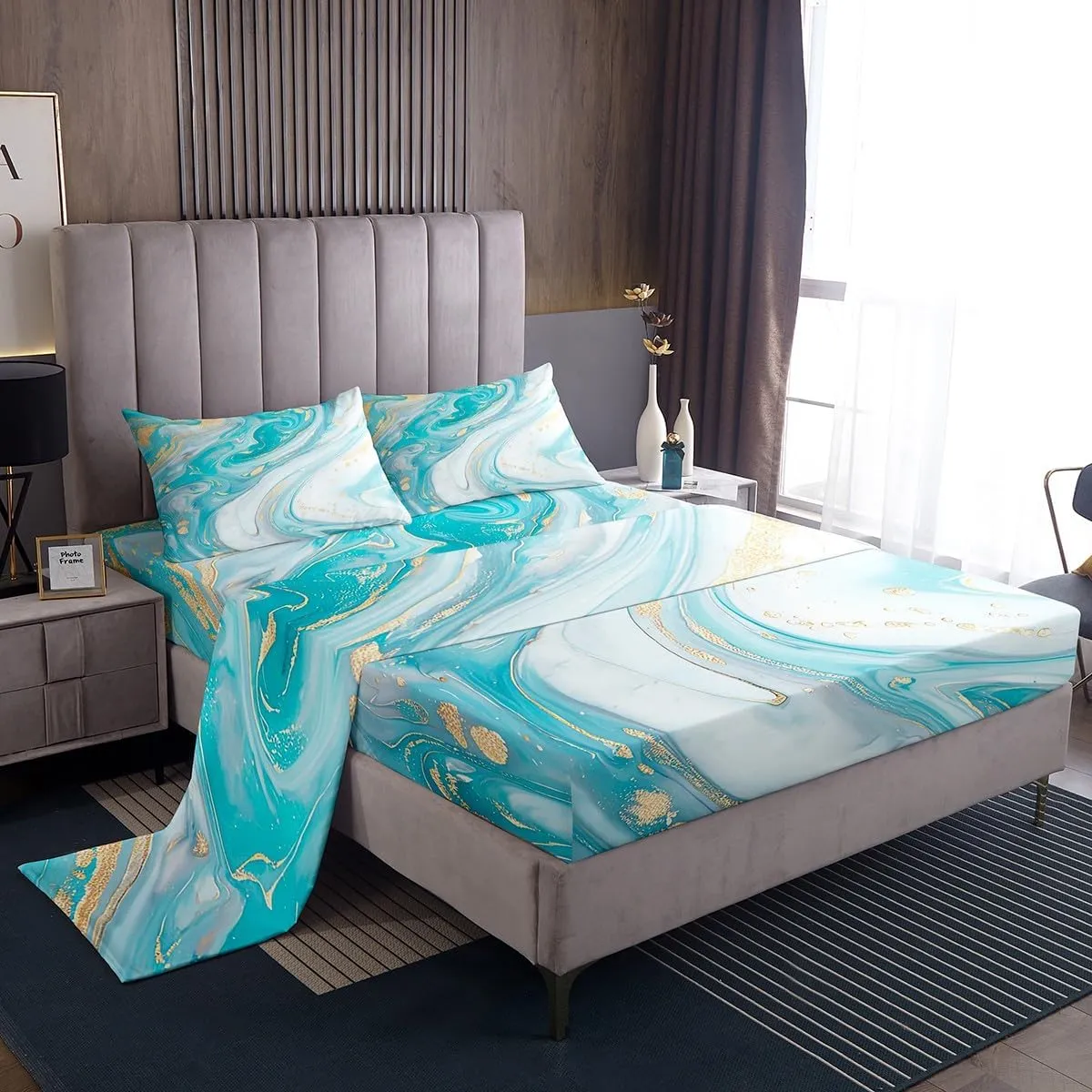 Blue Marble Sheet Sets Girls Boys Abstract Art Theme Bed Sheet Set Golden Stripe Printed Teal Flat Sheet for Adult Women Kids Marble Stone Fitted Sheet 4 Pieces Soft Microfiber Bedding King Size