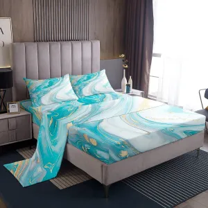Blue Marble Sheet Sets Girls Boys Abstract Art Theme Bed Sheet Set Golden Stripe Printed Teal Flat Sheet for Adult Women Kids Marble Stone Fitted Sheet 4 Pieces Soft Microfiber Bedding King Size