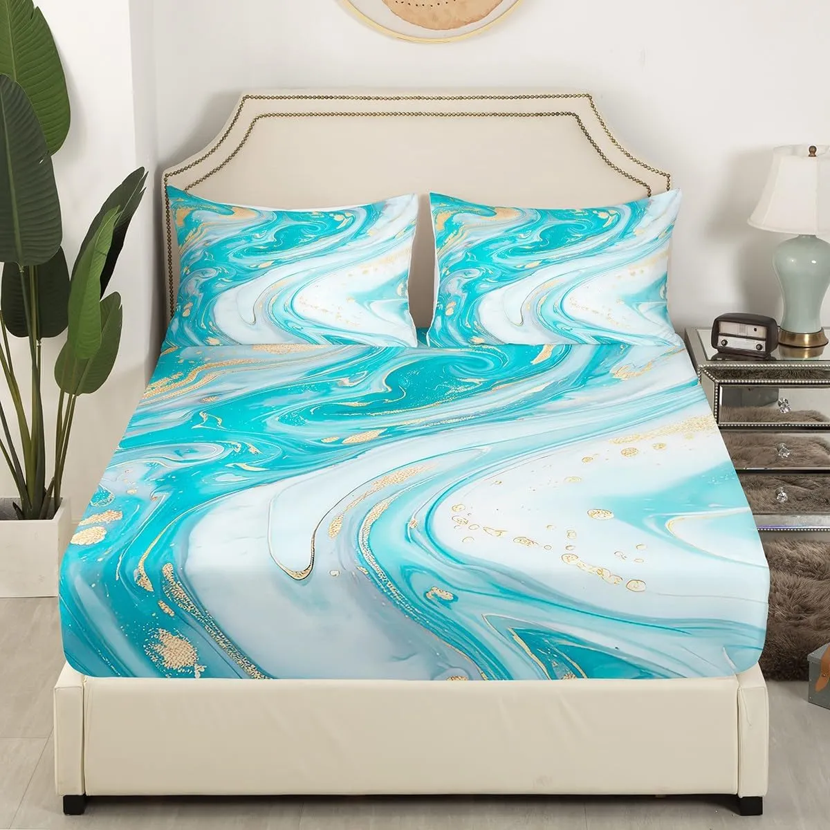 Blue Marble Sheet Sets Girls Boys Abstract Art Theme Bed Sheet Set Golden Stripe Printed Teal Flat Sheet for Adult Women Kids Marble Stone Fitted Sheet 4 Pieces Soft Microfiber Bedding King Size