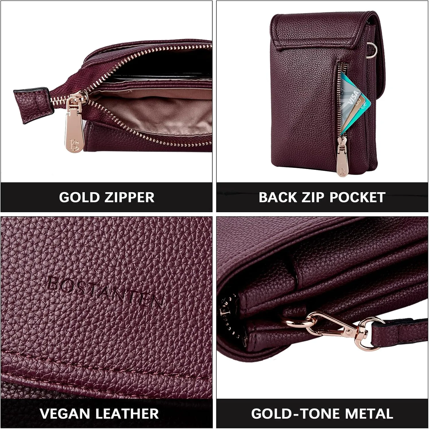 BOSTANTEN Vegan Leather Small Crossbody Bags for Women Designer Cell Phone Bag Wallet Purses Adjustable Strap