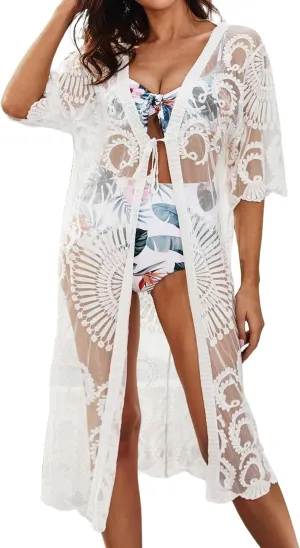 Bsubseach Swim Cover Up for Women Lace Sheer Floral Kimono Cradigans Mesh Long Beach Dress