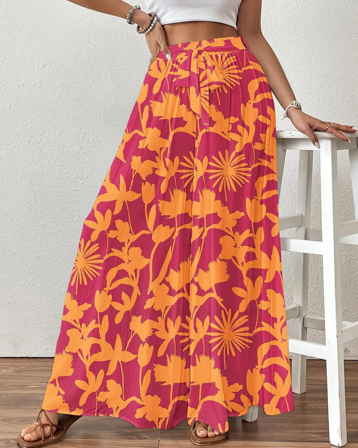 Bsubseach Wide Leg Pants Woman Flowy Floral Palazzo Pants for Women High Waisted Summer Casual Trousers Cruise Outfits