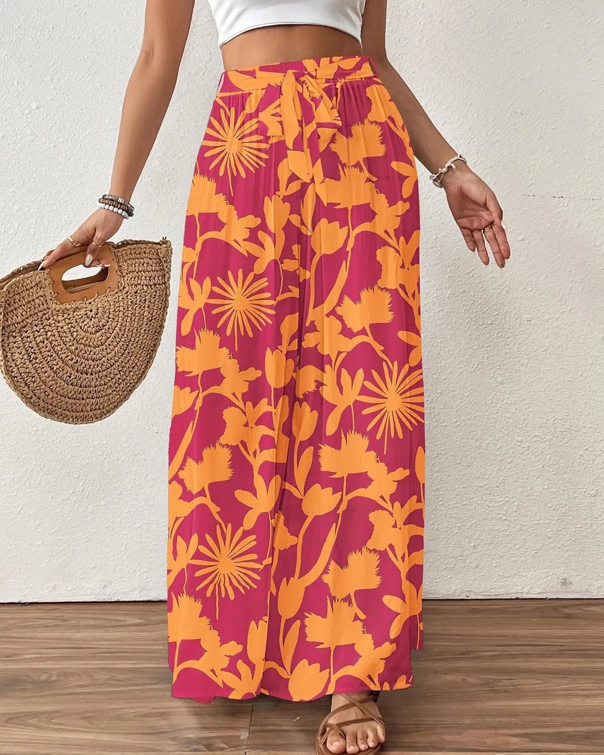 Bsubseach Wide Leg Pants Woman Flowy Floral Palazzo Pants for Women High Waisted Summer Casual Trousers Cruise Outfits