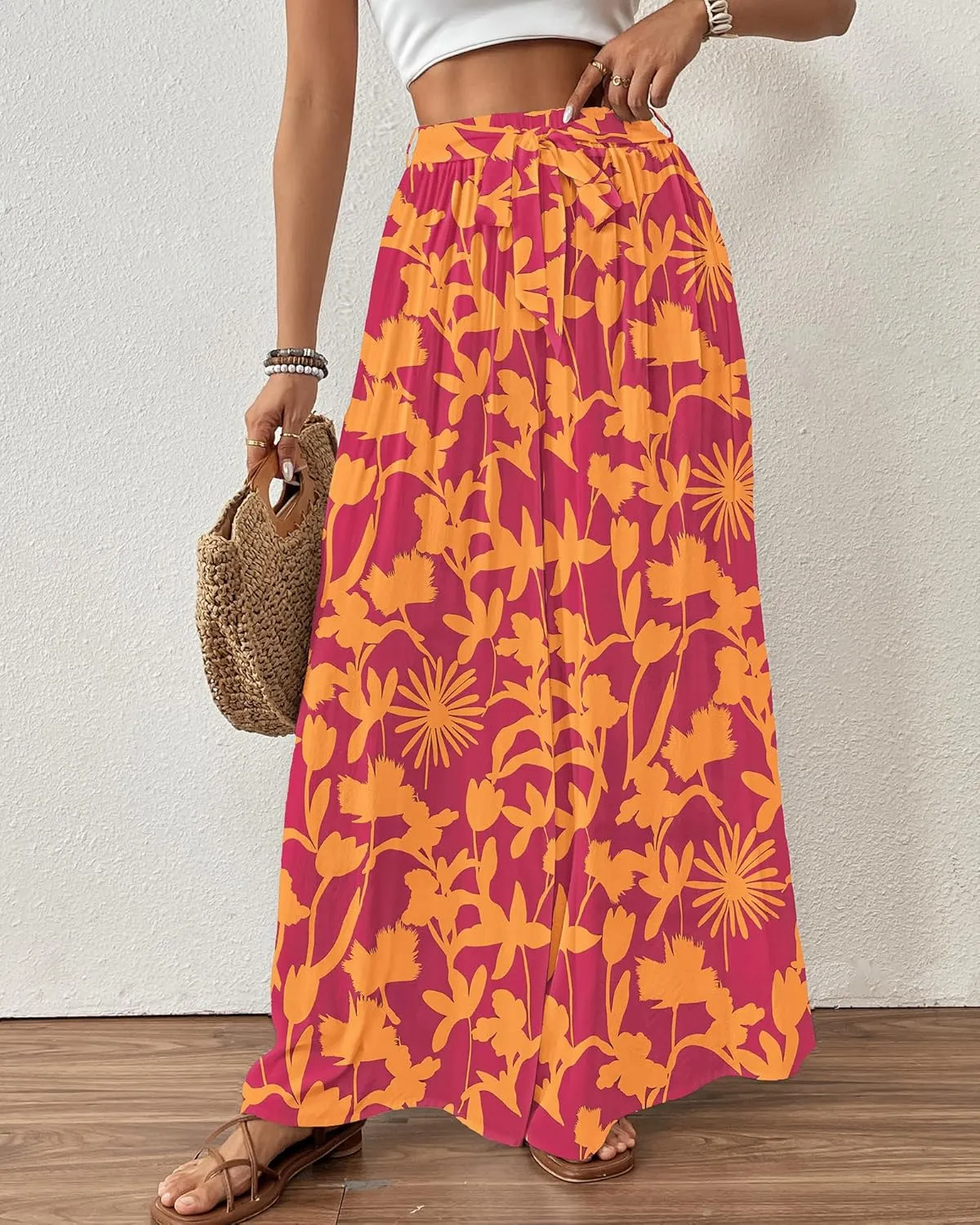 Bsubseach Wide Leg Pants Woman Flowy Floral Palazzo Pants for Women High Waisted Summer Casual Trousers Cruise Outfits