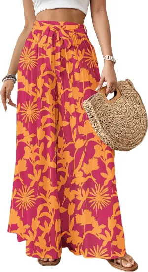 Bsubseach Wide Leg Pants Woman Flowy Floral Palazzo Pants for Women High Waisted Summer Casual Trousers Cruise Outfits