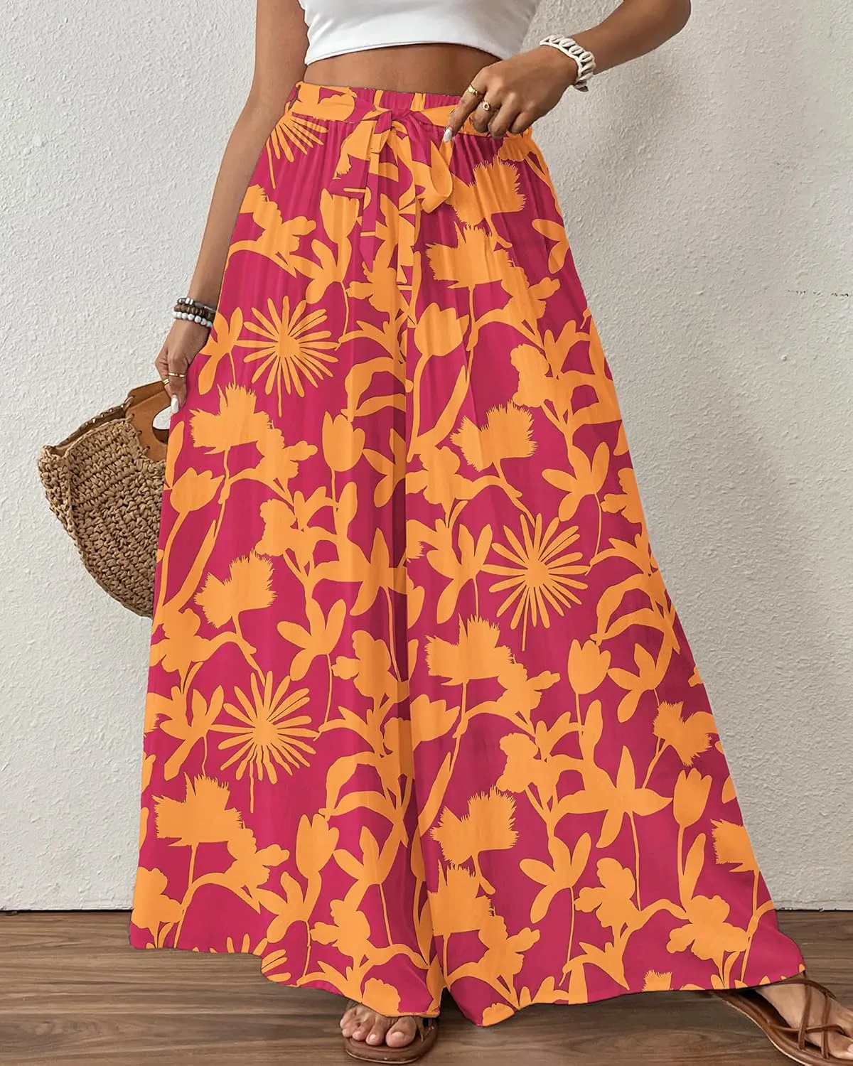 Bsubseach Wide Leg Pants Woman Flowy Floral Palazzo Pants for Women High Waisted Summer Casual Trousers Cruise Outfits