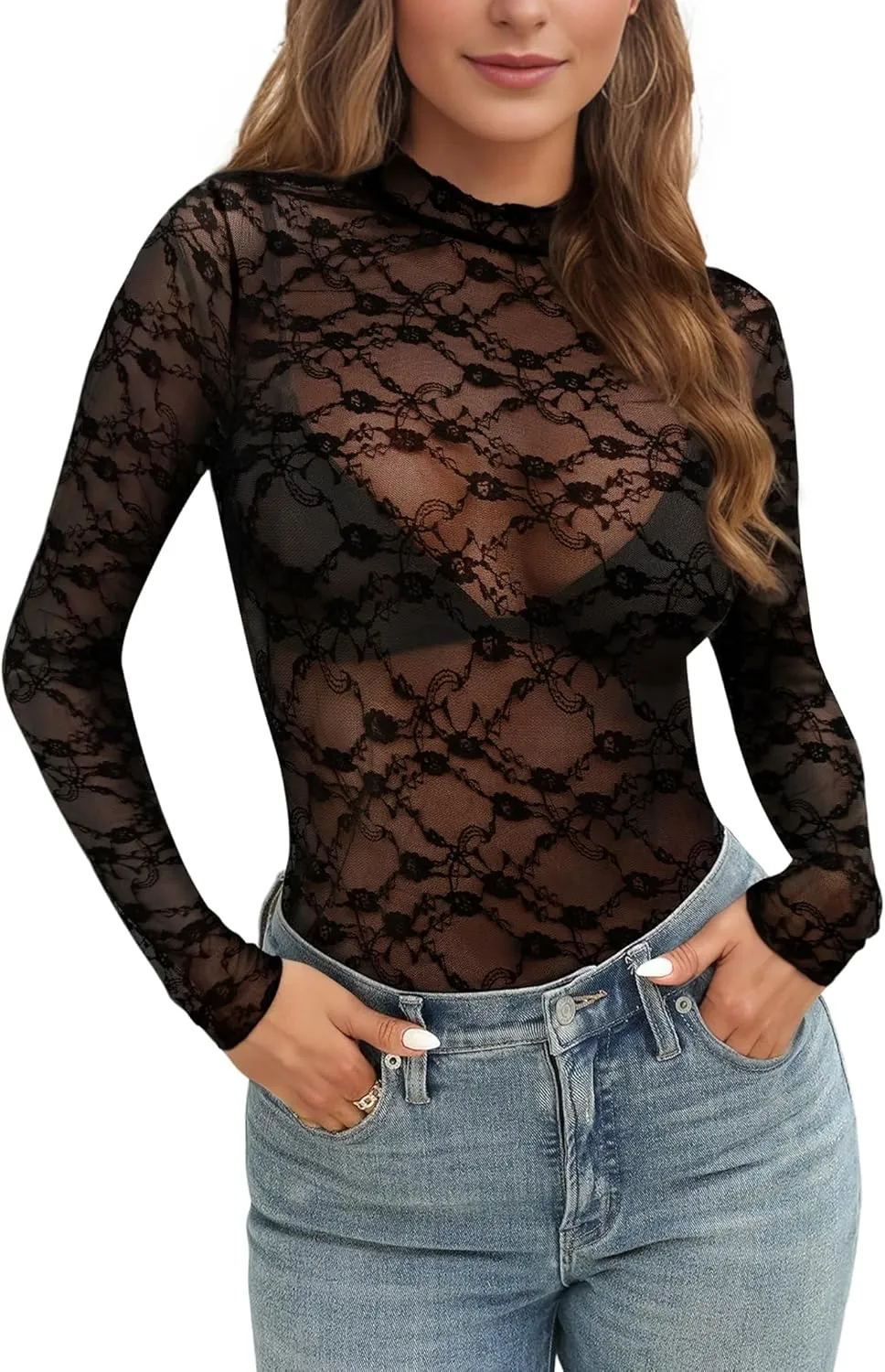 Buauty Mesh Long Sleeve Top for Women, Lace Sheer Tops See Through Mock Neck Floral Embroidery Sheer Blouce Fishnet Shirt