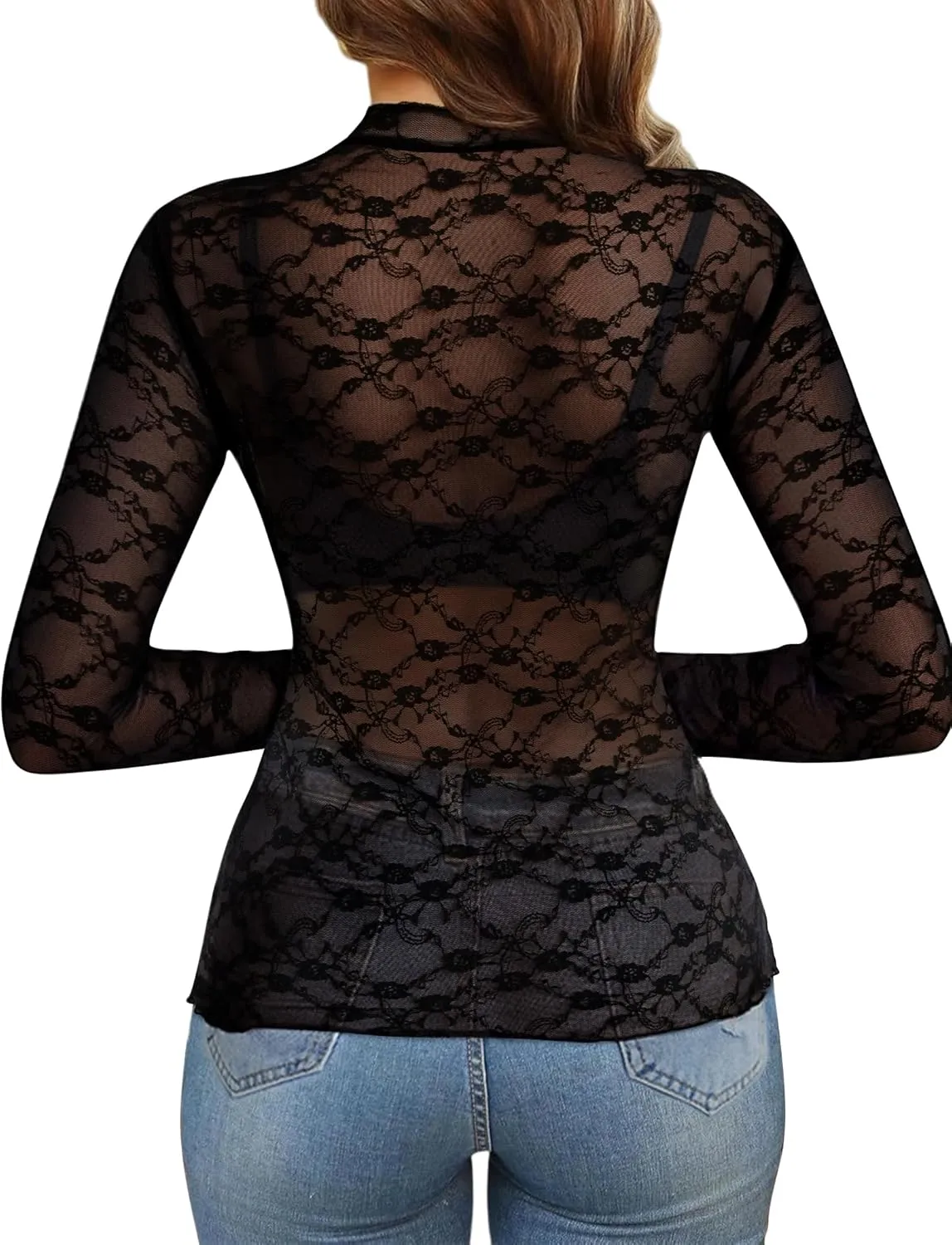Buauty Mesh Long Sleeve Top for Women, Lace Sheer Tops See Through Mock Neck Floral Embroidery Sheer Blouce Fishnet Shirt
