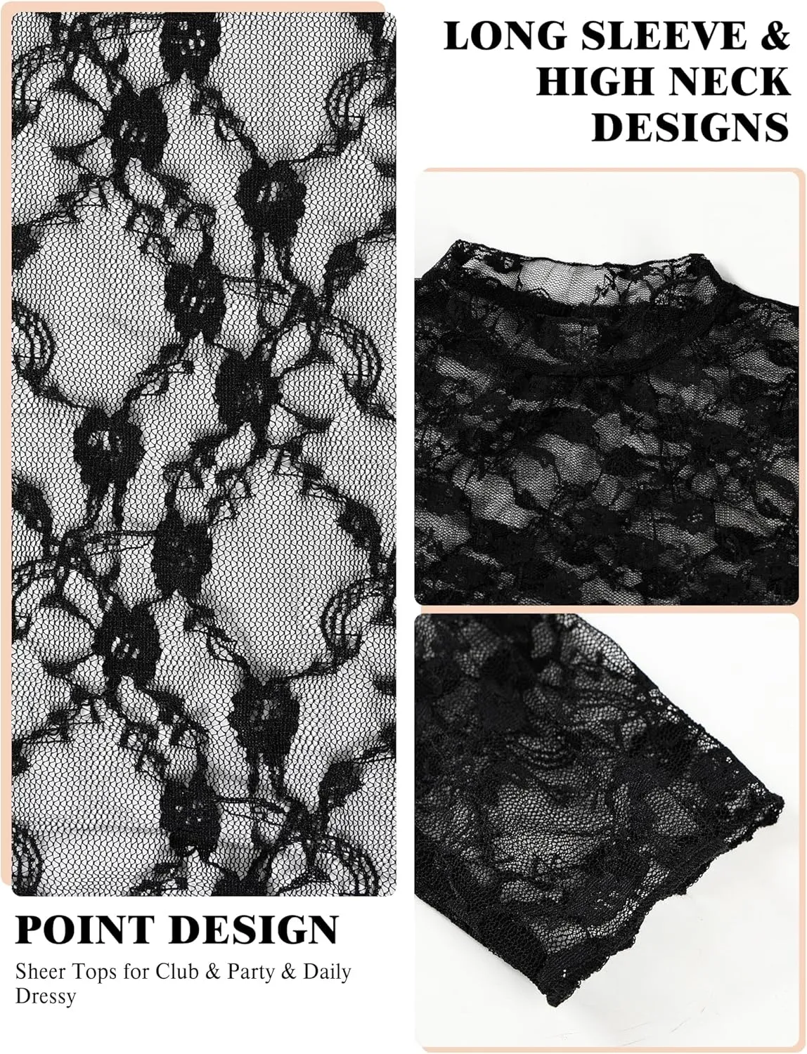 Buauty Mesh Long Sleeve Top for Women, Lace Sheer Tops See Through Mock Neck Floral Embroidery Sheer Blouce Fishnet Shirt