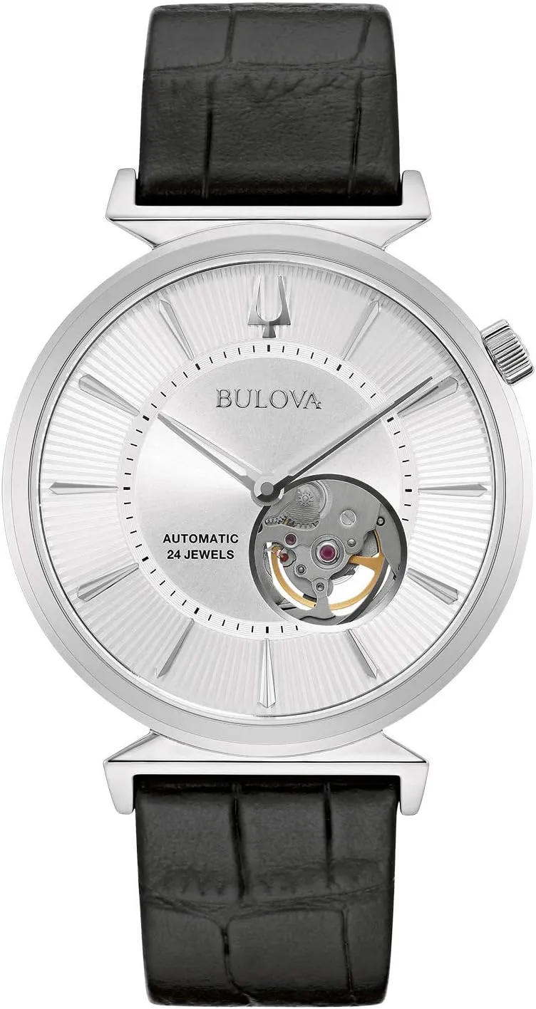 Bulova Men's Classic Regatta Stainless Steel 3-Hand Automatic Black Leather Strap Watch with Open Aperture Watch Style: 96A240