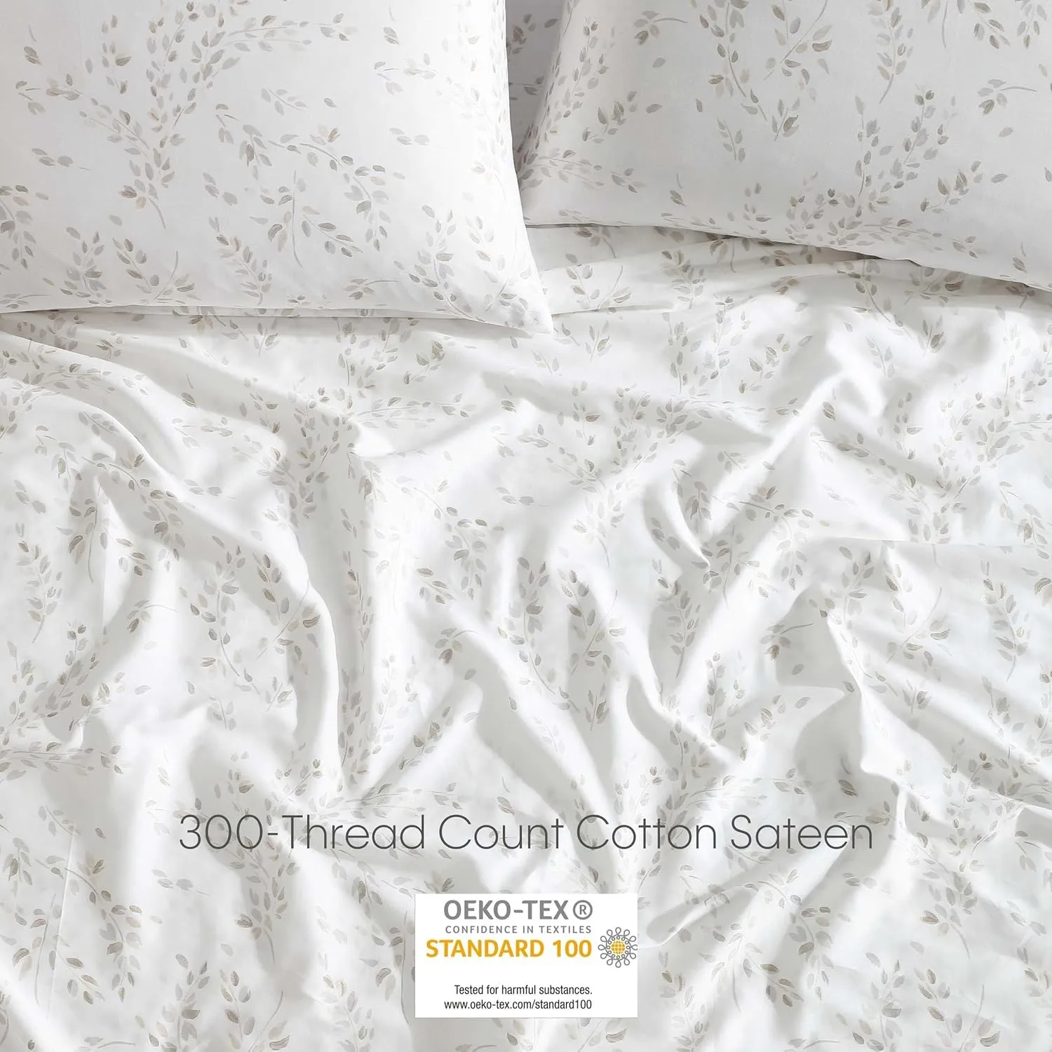 Calvin Klein - King Bed Sheets, Silky Smooth Sateen Cotton Bedding Set with Deep Pockets, Oeko-TEX Certified (Airy Botanical Beige, King)