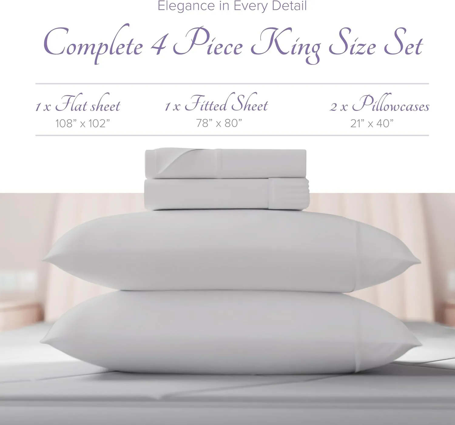 Carressa Linen Luxury Egyptian Cotton 4 PC King Size Sheet Set - 600 Thread Count Deep Pocket Fitted and Flat Sheets, Soft, Cooling Extra Long Staple Hotel-Quality Bedding with Sateen Weave - Silver