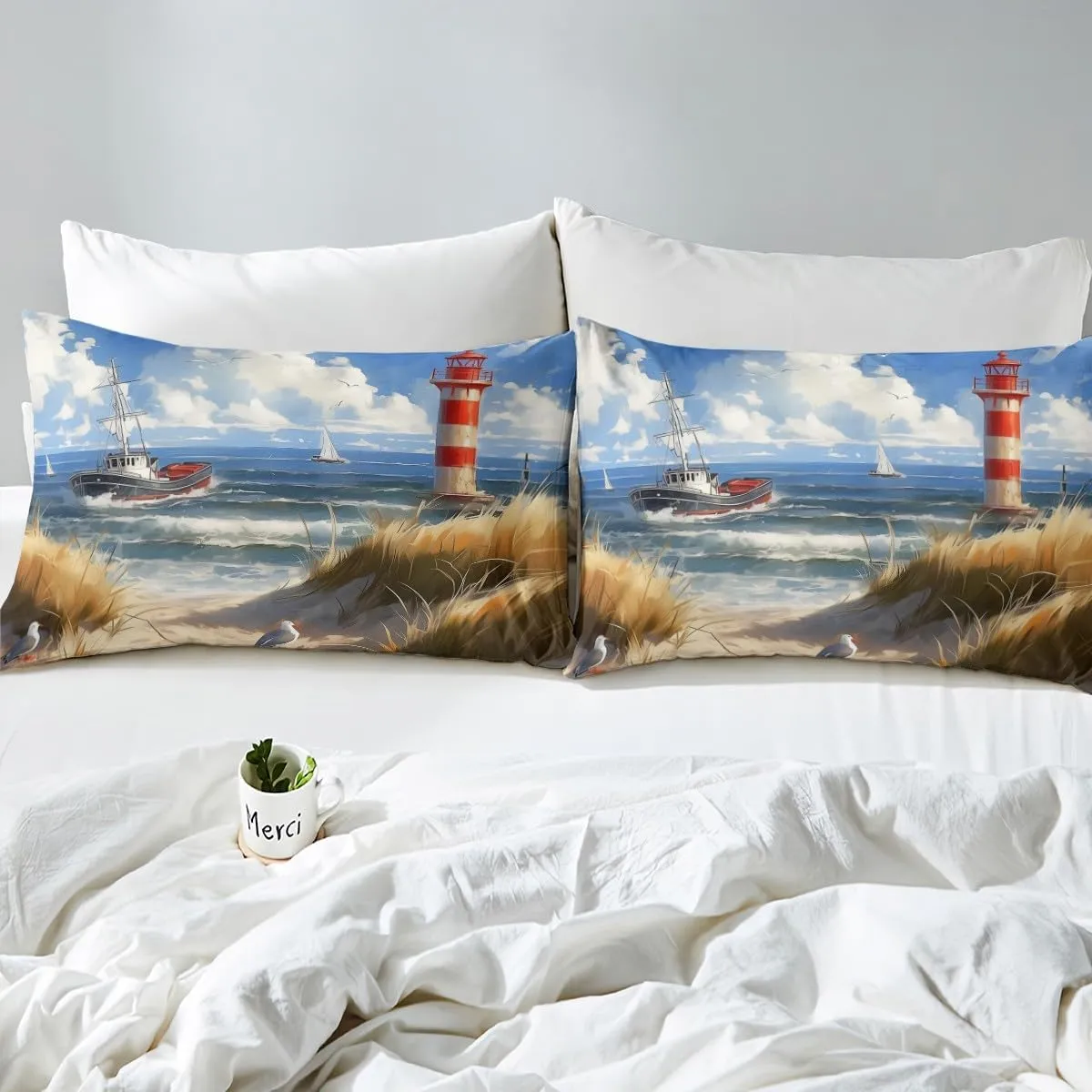 Castle Fairy Nautical Bed Sheet Set Queen Size 4pcs,Ocean Themed Ship Lighthouse Flat Sheet   Fitted Sheet for Kids Girls Boys Teens Room DecorCoastal Beach Bedding Set