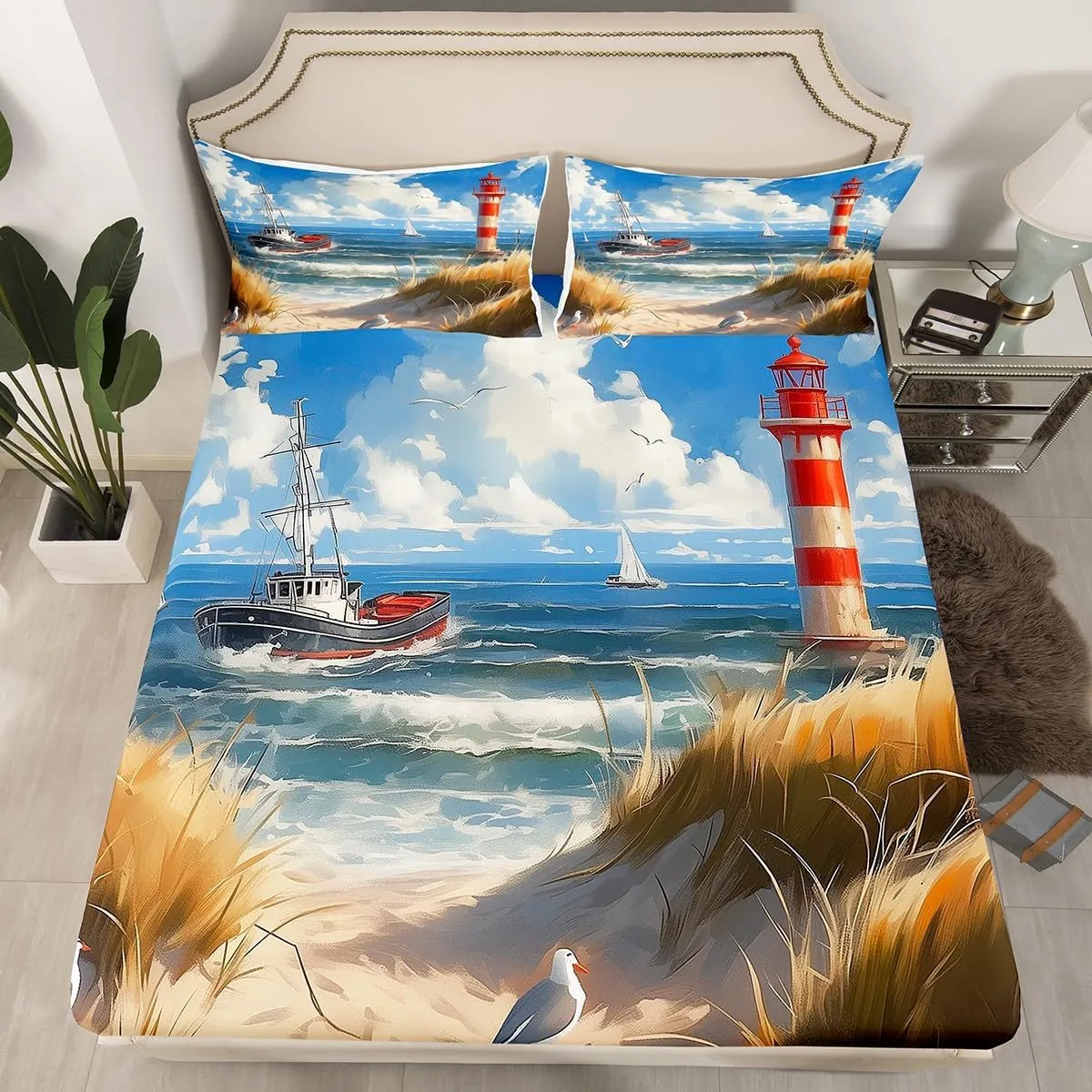 Castle Fairy Nautical Bed Sheet Set Queen Size 4pcs,Ocean Themed Ship Lighthouse Flat Sheet   Fitted Sheet for Kids Girls Boys Teens Room DecorCoastal Beach Bedding Set