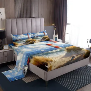 Castle Fairy Nautical Bed Sheet Set Queen Size 4pcs,Ocean Themed Ship Lighthouse Flat Sheet   Fitted Sheet for Kids Girls Boys Teens Room DecorCoastal Beach Bedding Set