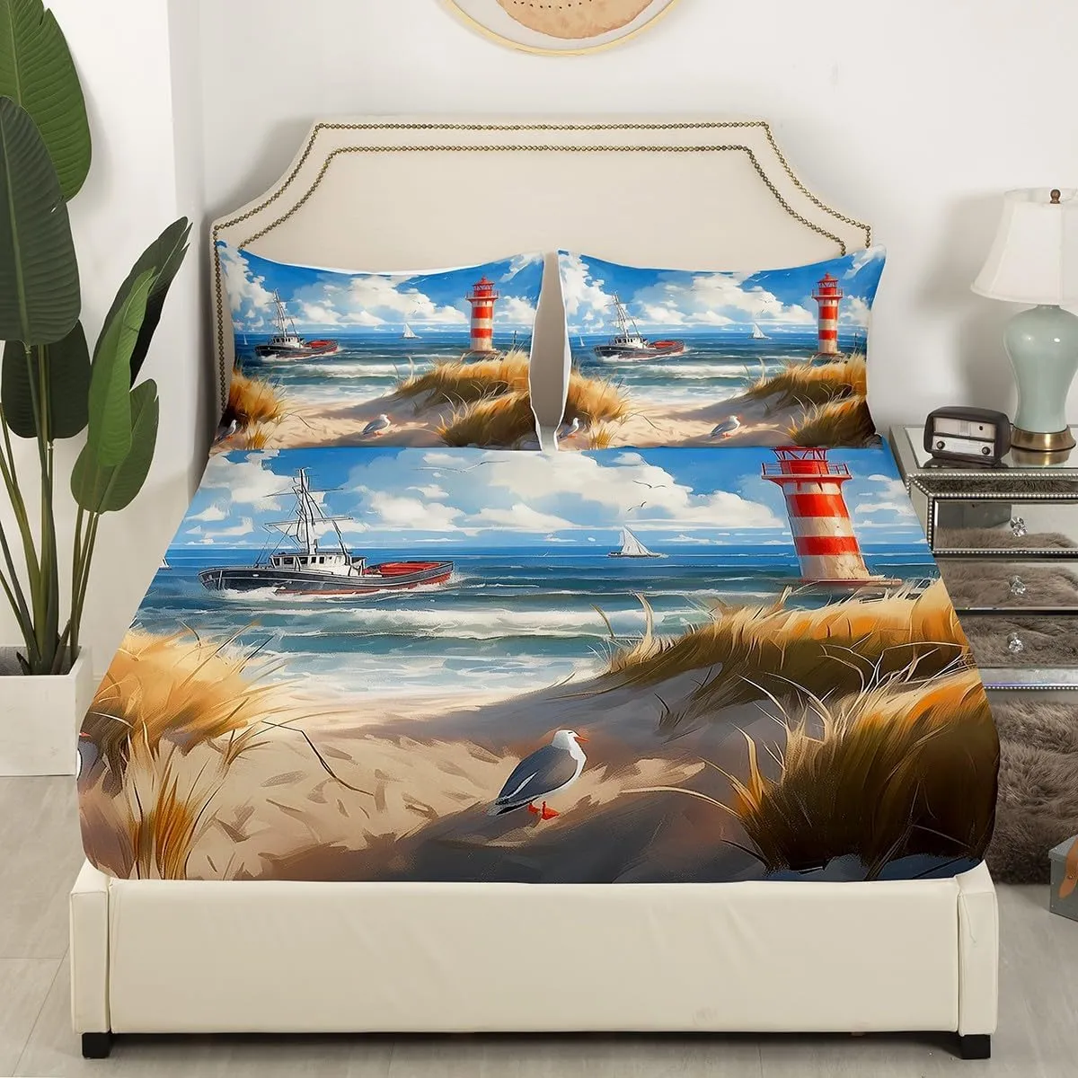 Castle Fairy Nautical Bed Sheet Set Queen Size 4pcs,Ocean Themed Ship Lighthouse Flat Sheet   Fitted Sheet for Kids Girls Boys Teens Room DecorCoastal Beach Bedding Set