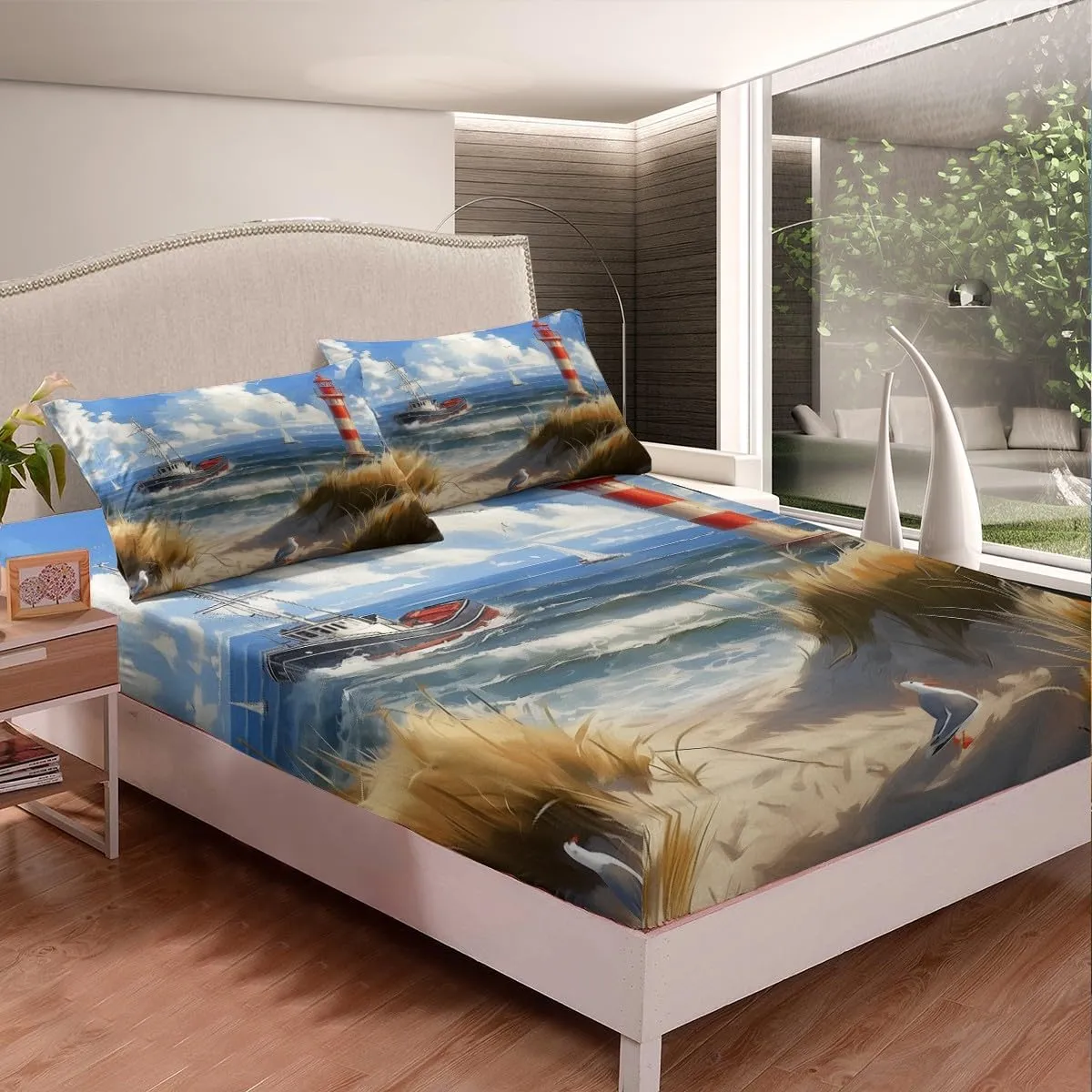Castle Fairy Nautical Bed Sheet Set Queen Size 4pcs,Ocean Themed Ship Lighthouse Flat Sheet   Fitted Sheet for Kids Girls Boys Teens Room DecorCoastal Beach Bedding Set