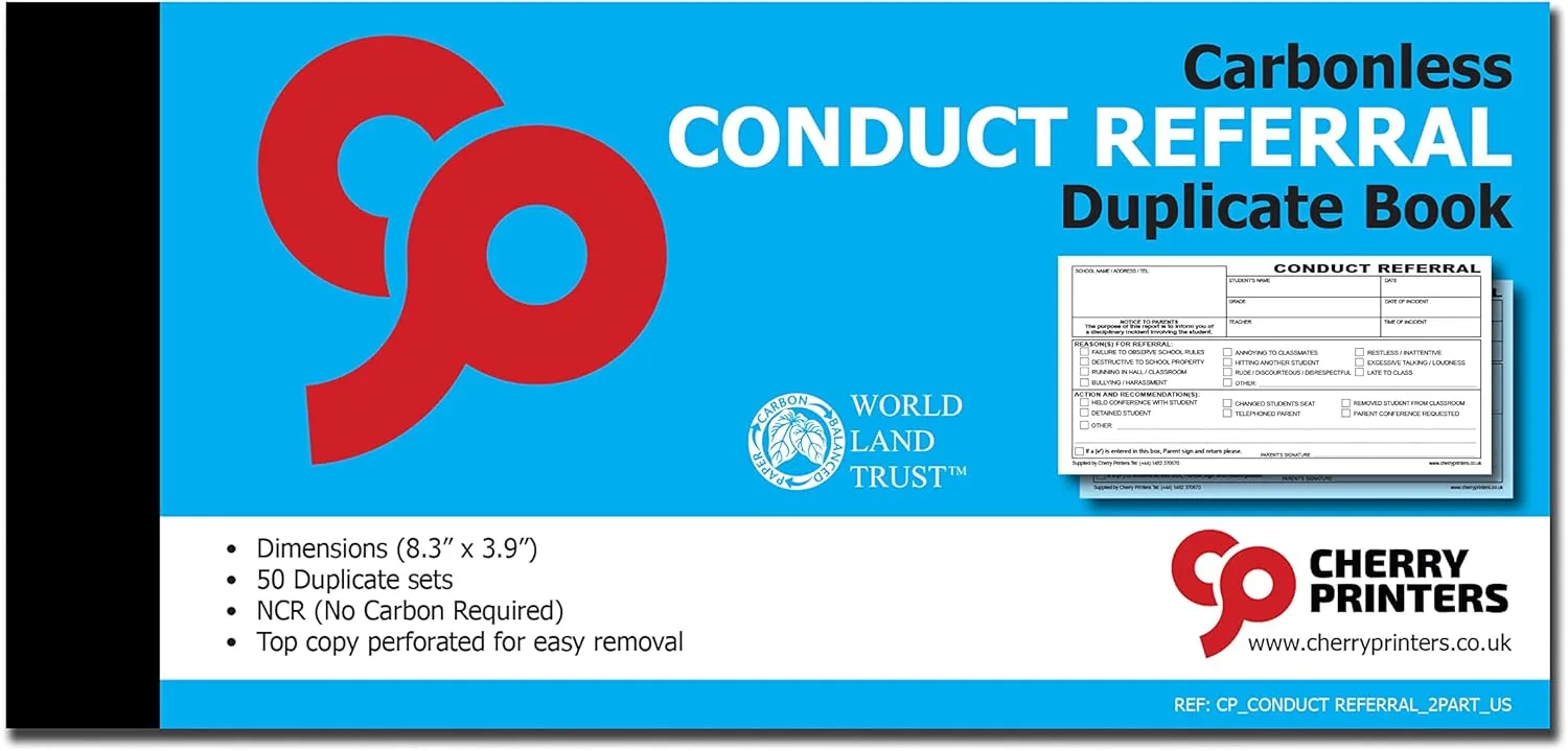 Cherry Conduct Referral Slips for Schools 2pt (8.3 inches x 3.9 inches) 50 Duplicate Copies per Book