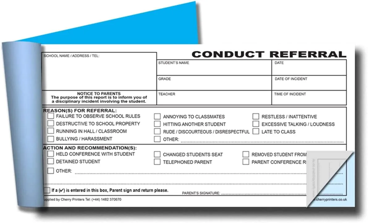 Cherry Conduct Referral Slips for Schools 2pt (8.3 inches x 3.9 inches) 50 Duplicate Copies per Book