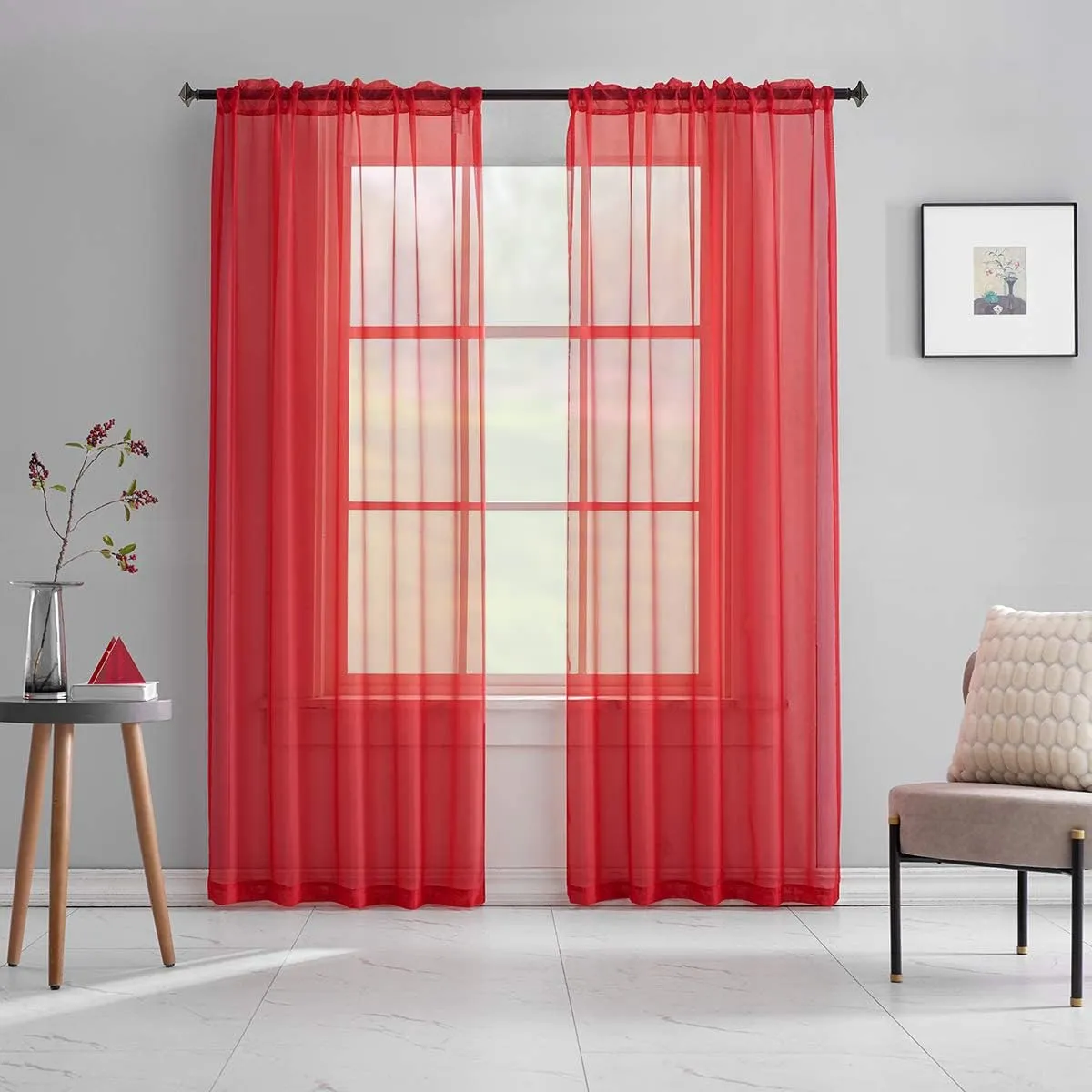 Christmas Red Sheer Voile Curtains Translucent Solid Color Window Treatment 84 Inches Long Rod Pocket Red Sheers for Bedroom Living Room 2 Panels 52 x 84 mas