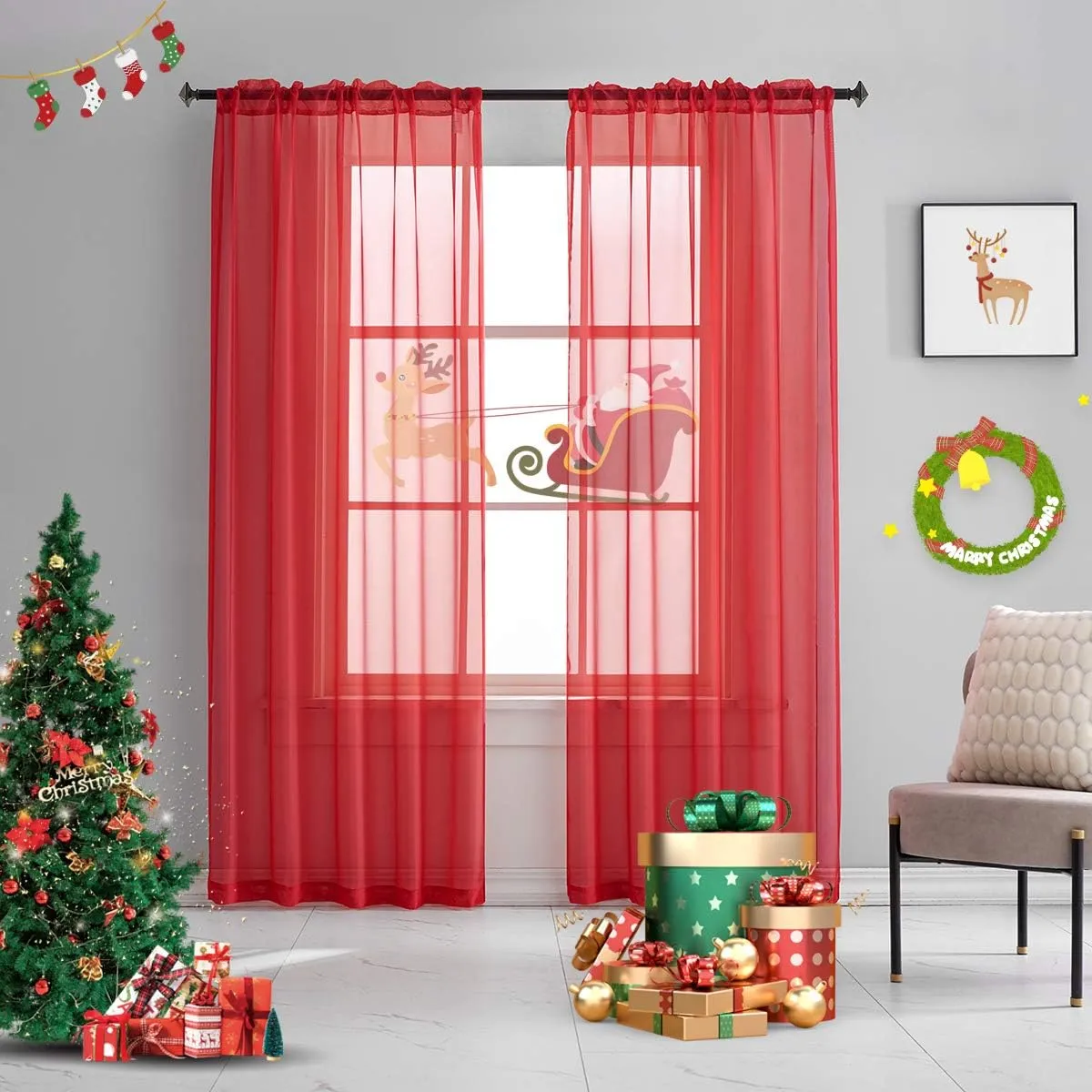 Christmas Red Sheer Voile Curtains Translucent Solid Color Window Treatment 84 Inches Long Rod Pocket Red Sheers for Bedroom Living Room 2 Panels 52 x 84 mas
