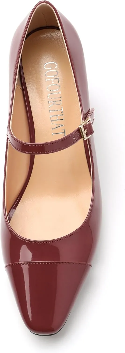 Chunky Block Heels for Women Square Patent Mary Jane Closed Toe Slip On Pumps Party Dress Wedding Shoes 2.5Inch