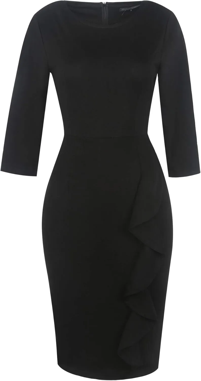 CISMARK Women's Vintage Short Sleeve Polka Dot Falbala Fold Slim Fit Pencil Dress