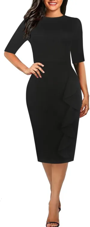 CISMARK Women's Vintage Short Sleeve Polka Dot Falbala Fold Slim Fit Pencil Dress