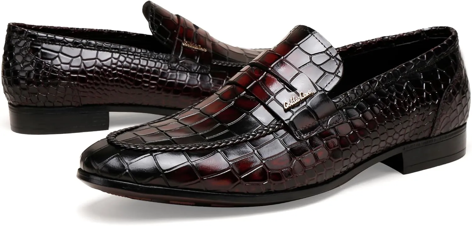 Classic Leather Dress Shoes for Men, Premium Alligator Printed Bussiness Dress Slip on Loafer for Mens
