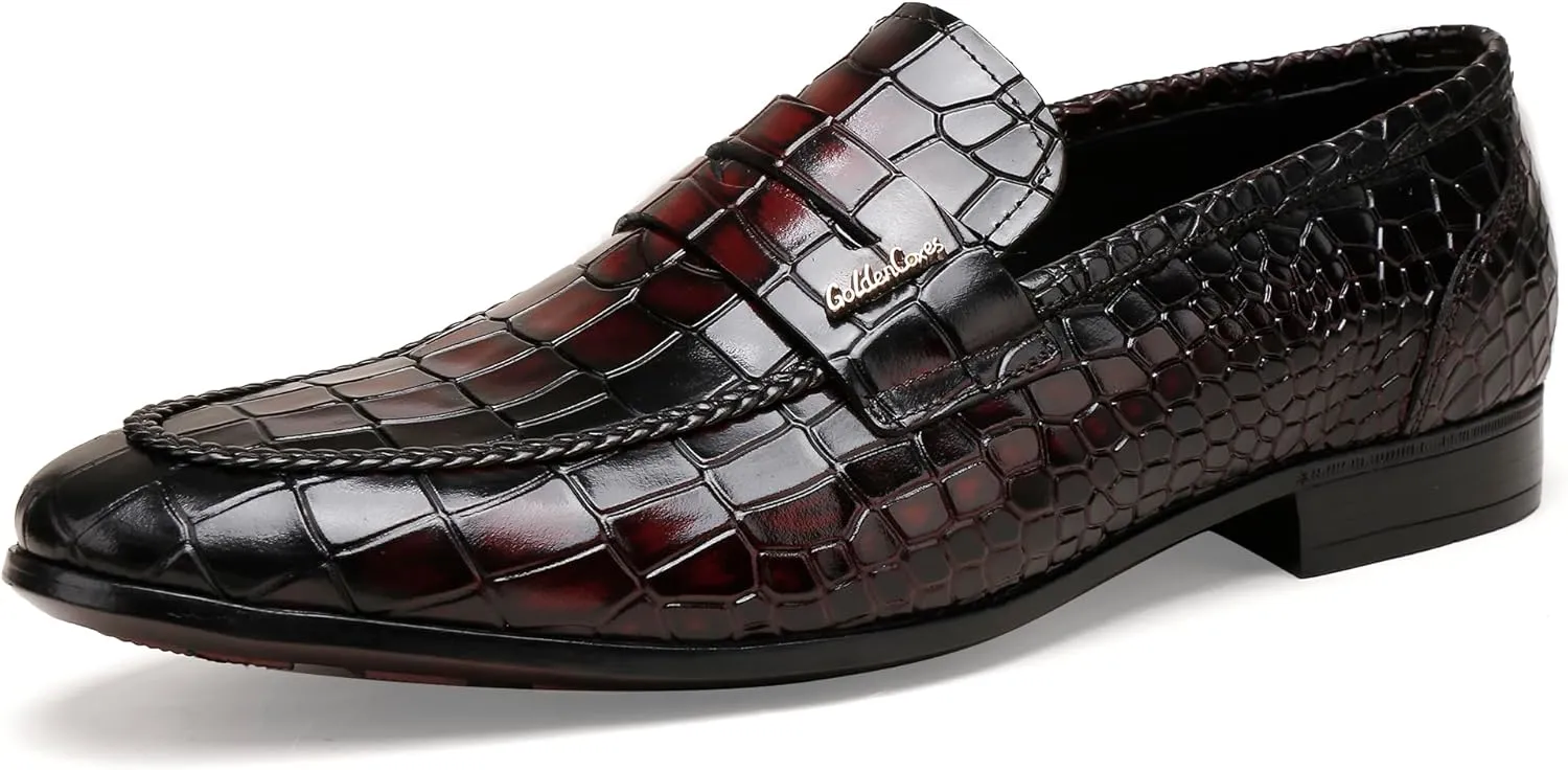 Classic Leather Dress Shoes for Men, Premium Alligator Printed Bussiness Dress Slip on Loafer for Mens