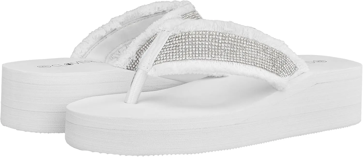 CLOVERLAY Women's Platform Flip Flops Rhinestone Glitter Sandals High Wedge Sandal