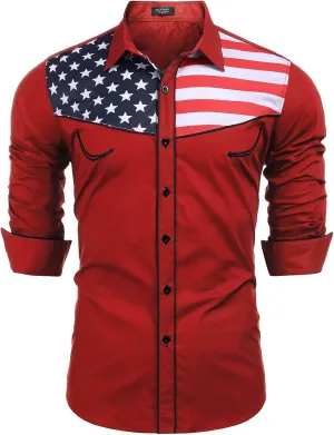 COOFANDY Men's Casual American Flag Button Down Shirts Slim Fit Long Sleeve Shirt