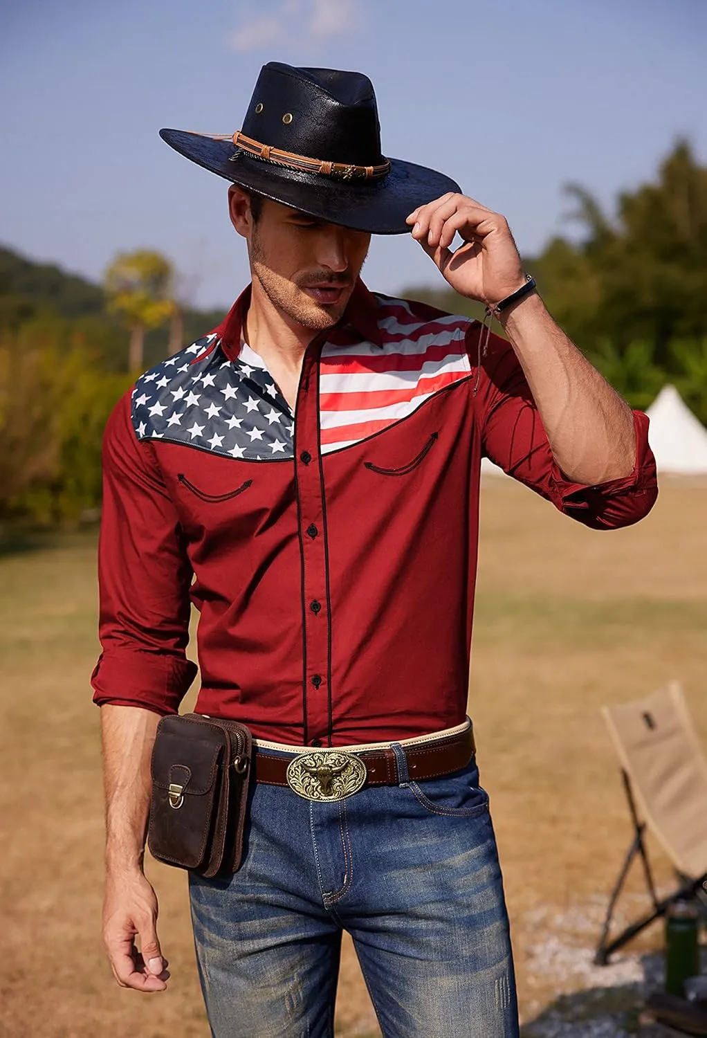 COOFANDY Men's Casual American Flag Button Down Shirts Slim Fit Long Sleeve Shirt
