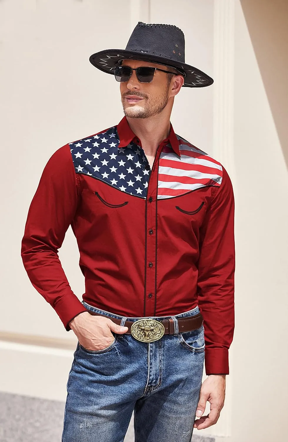 COOFANDY Men's Casual American Flag Button Down Shirts Slim Fit Long Sleeve Shirt