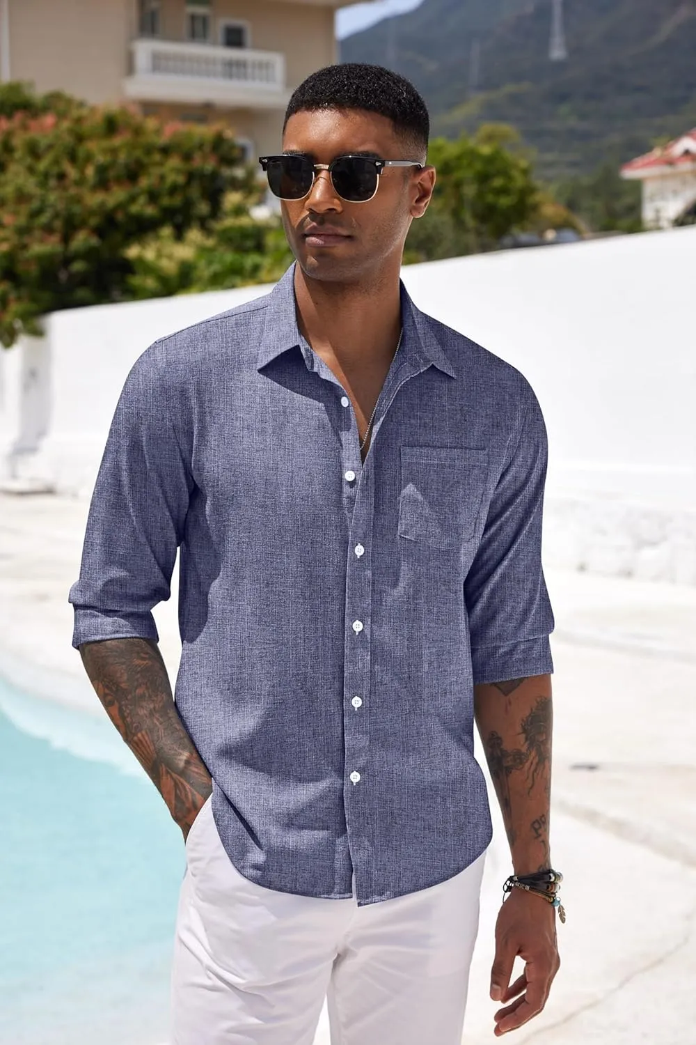 COOFANDY Men's Casual Button Down Shirt Long Sleeve Linen Chambray Shirt