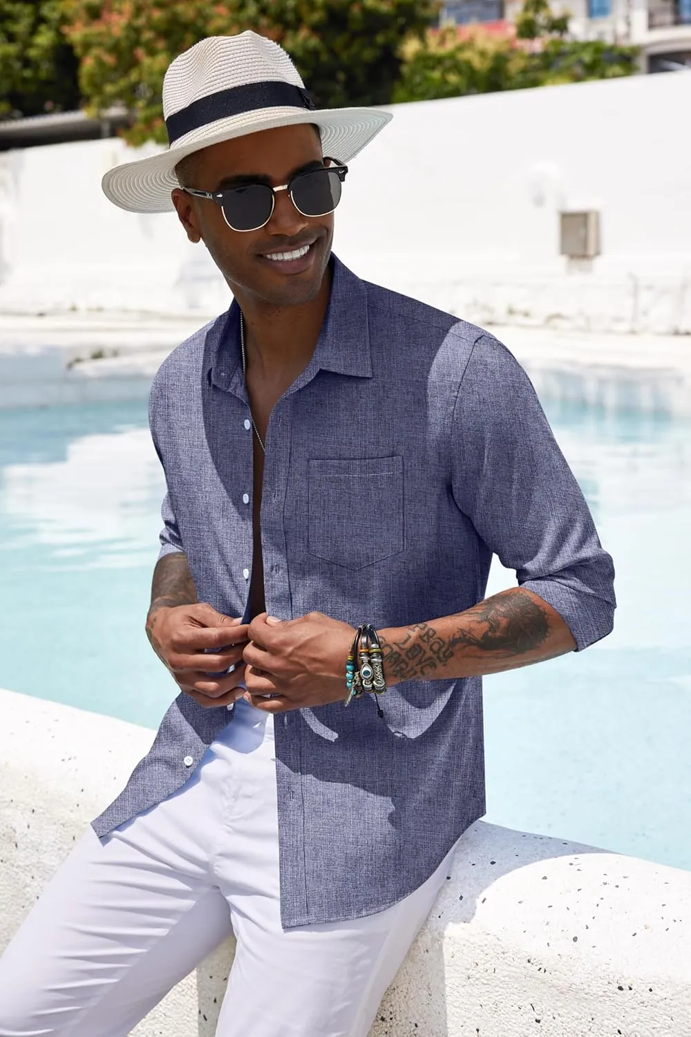 COOFANDY Men's Casual Button Down Shirt Long Sleeve Linen Chambray Shirt