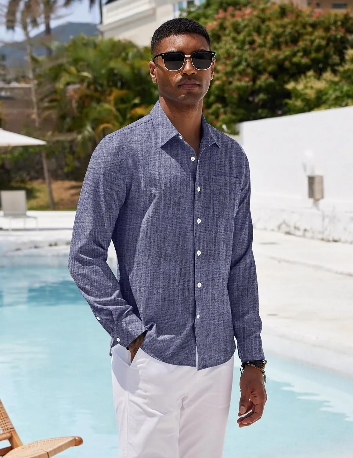 COOFANDY Men's Casual Button Down Shirt Long Sleeve Linen Chambray Shirt
