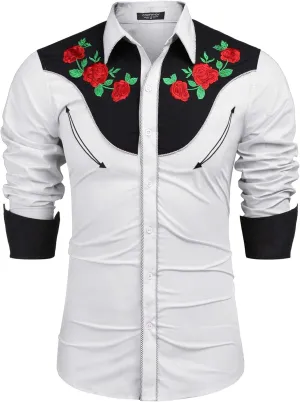 COOFANDY Men's Western Cowboy Shirt Long Sleeve Slim Fit Rose Embroidered Cotton Casual Button Down Shirts