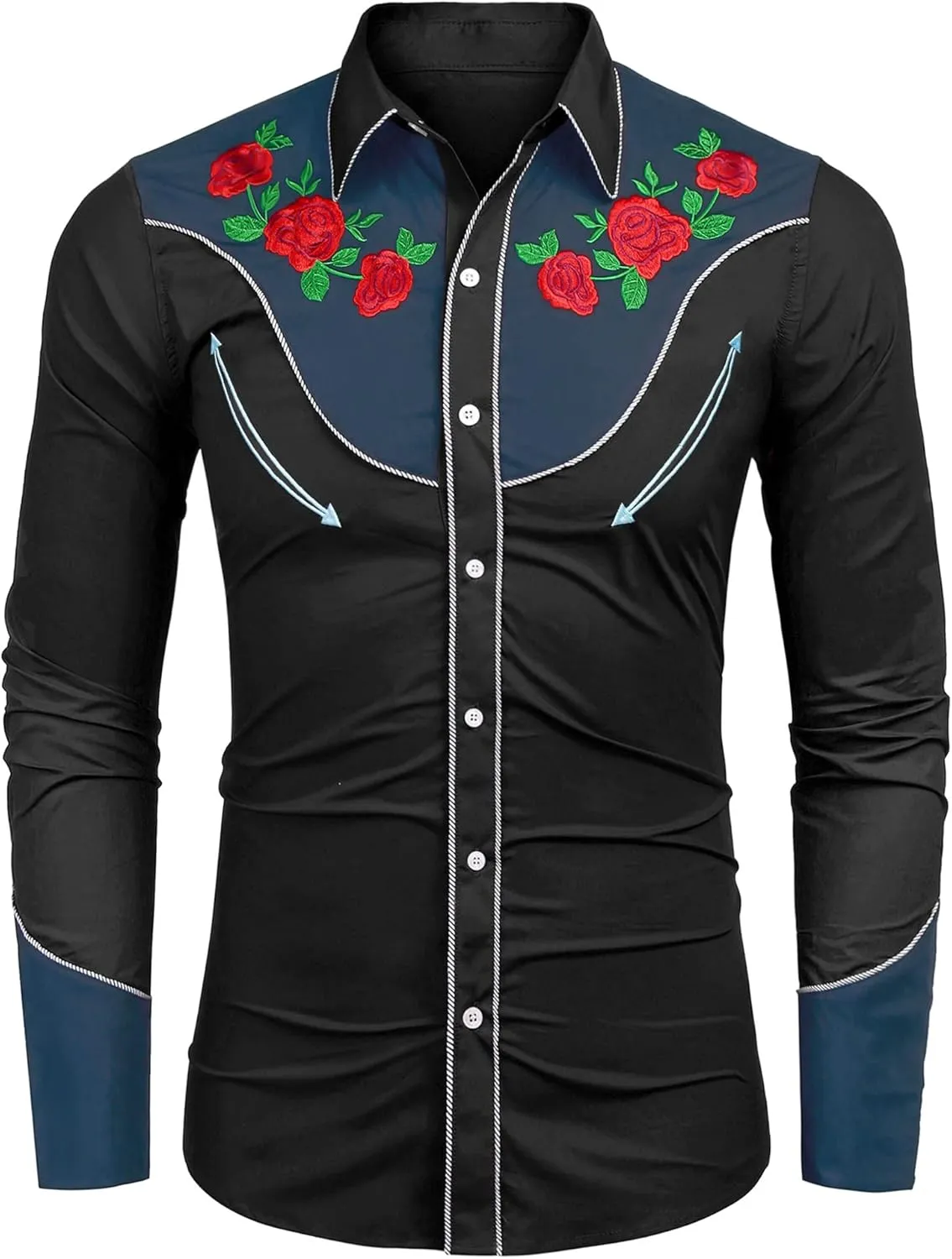 COOFANDY Men's Western Cowboy Shirt Long Sleeve Slim Fit Rose Embroidered Cotton Casual Button Down Shirts
