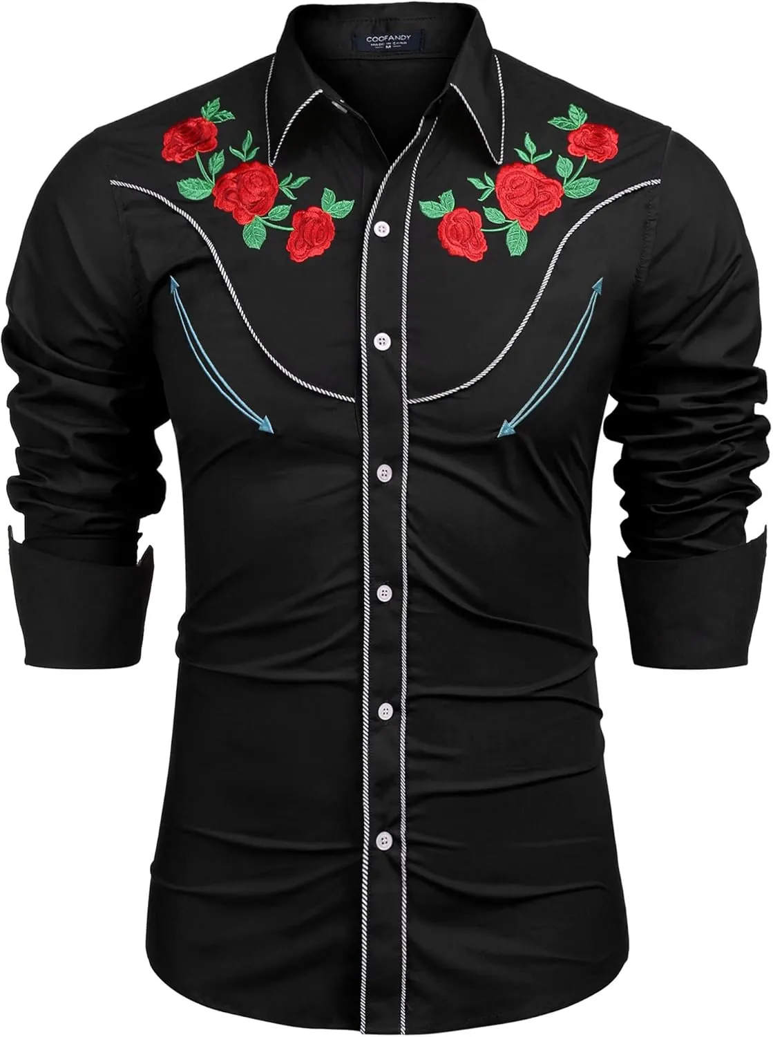 COOFANDY Men's Western Cowboy Shirt Long Sleeve Slim Fit Rose Embroidered Cotton Casual Button Down Shirts