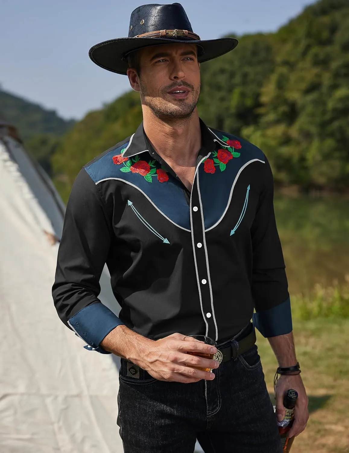 COOFANDY Men's Western Cowboy Shirt Long Sleeve Slim Fit Rose Embroidered Cotton Casual Button Down Shirts