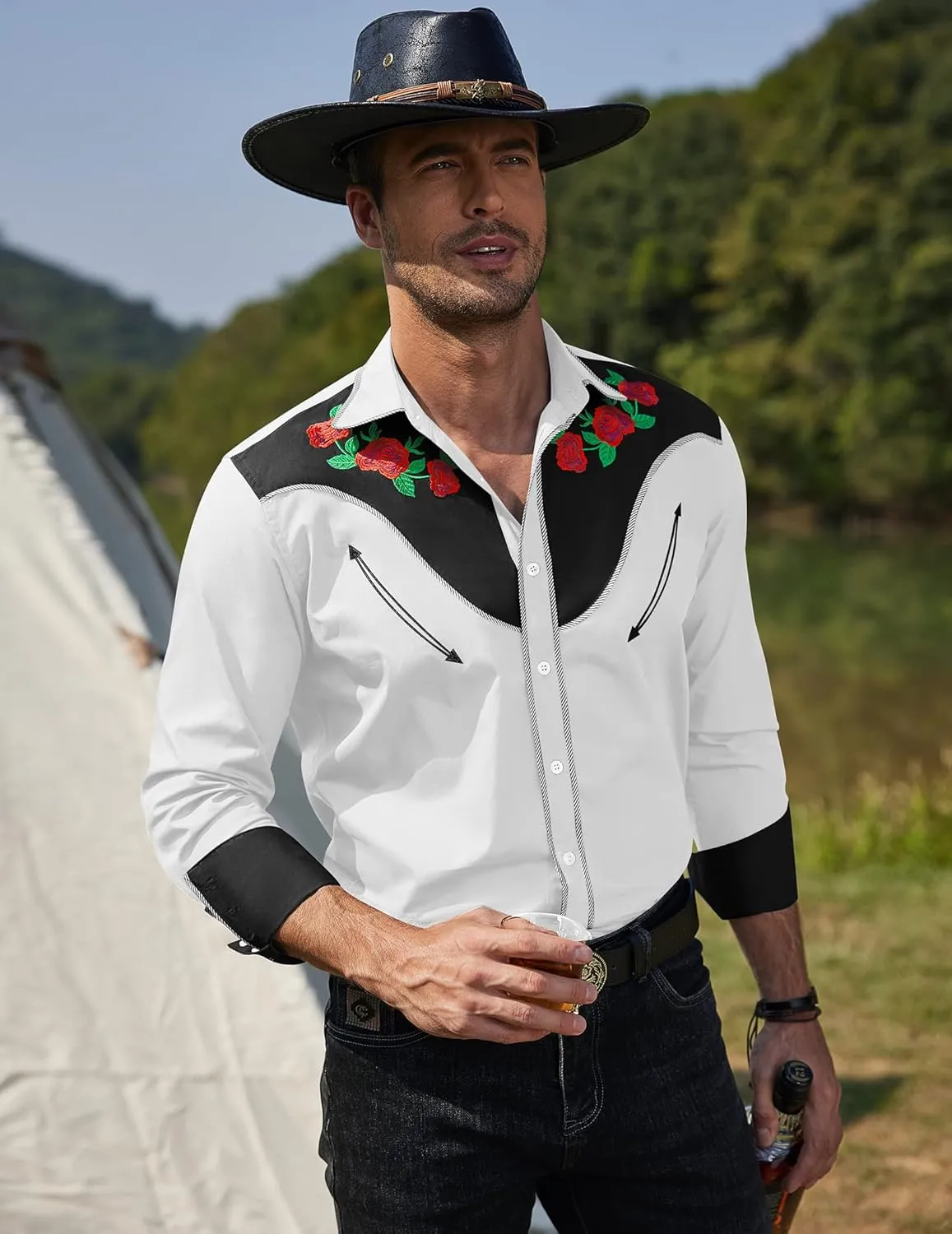 COOFANDY Men's Western Cowboy Shirt Long Sleeve Slim Fit Rose Embroidered Cotton Casual Button Down Shirts