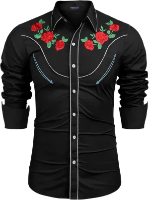 COOFANDY Men's Western Cowboy Shirt Long Sleeve Slim Fit Rose Embroidered Cotton Casual Button Down Shirts