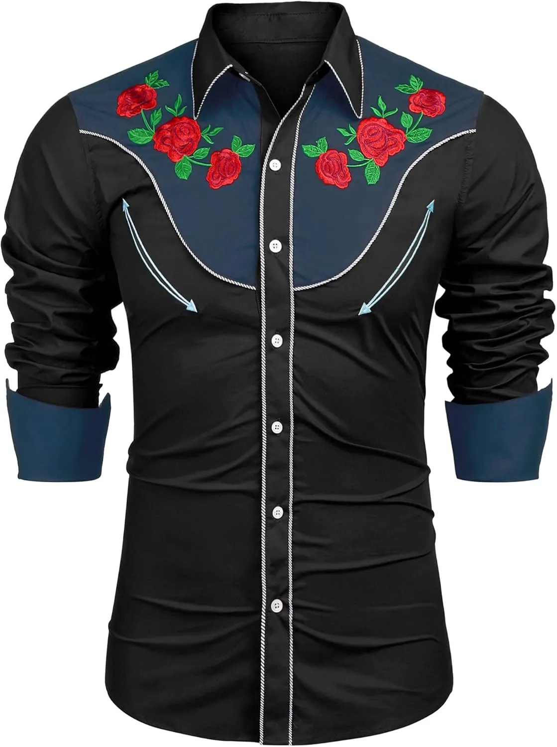 COOFANDY Men's Western Cowboy Shirt Long Sleeve Slim Fit Rose Embroidered Cotton Casual Button Down Shirts