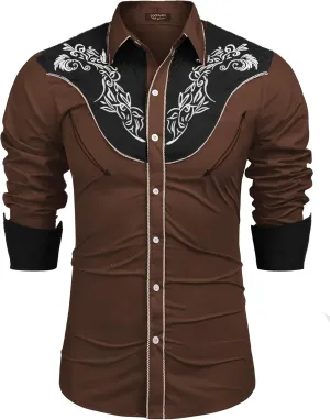 COOFANDY Men's Western Cowboy Shirt Long Sleeve Slim Fit Rose Embroidered Cotton Casual Button Down Shirts