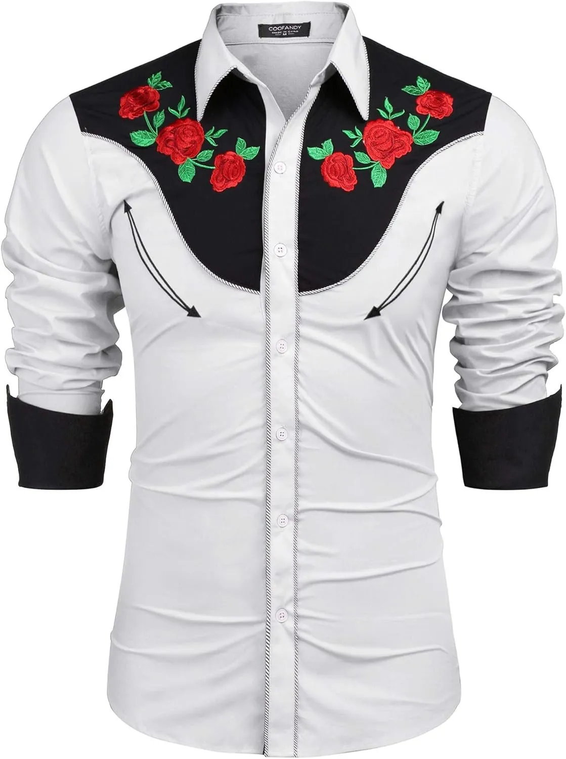 COOFANDY Men's Western Cowboy Shirt Long Sleeve Slim Fit Rose Embroidered Cotton Casual Button Down Shirts