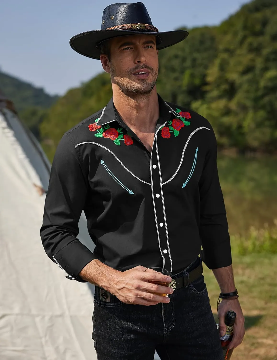 COOFANDY Men's Western Cowboy Shirt Long Sleeve Slim Fit Rose Embroidered Cotton Casual Button Down Shirts